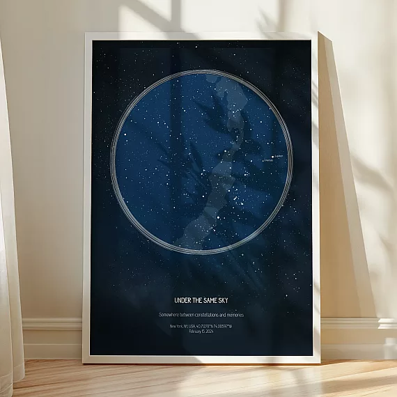 Large framed star map poster displayed in a bright modern room.