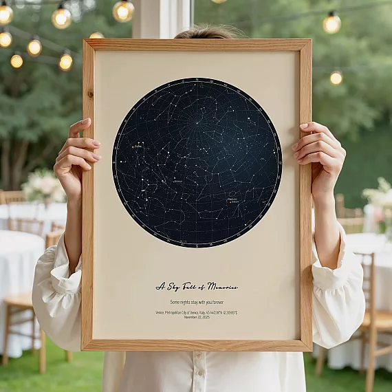 Person holding a custom night sky poster with constellation map outdoors.
