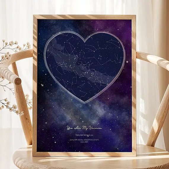 Heart-shaped constellation print displayed on a wooden chair in sunlight.