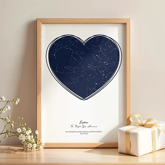 Framed constellation print resting on a cream armchair indoors.