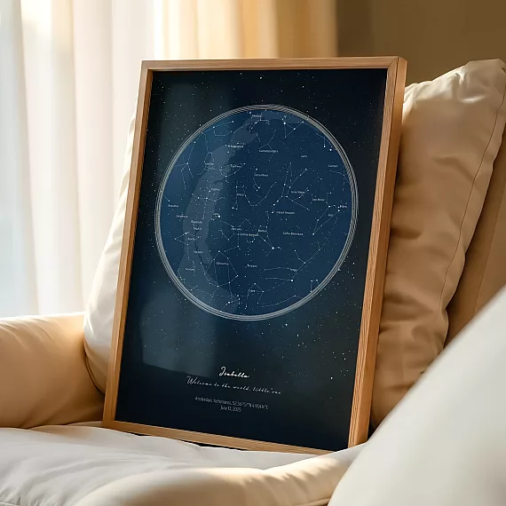 Framed custom constellation poster displayed on a couch with cushions.