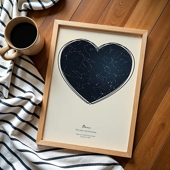 Heart-shaped personalized star map print beside coffee mug on wooden floor.