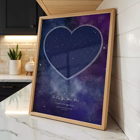 Heart-shaped baby star map print displayed beside flowers and gift box.