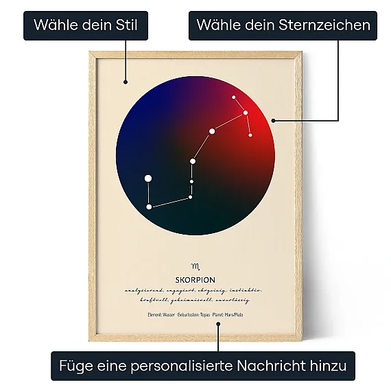 Personalisiertes Skorpion Sternzeichen Poster im Holzrahmen mit dunkelblauer und roter Aura, Konstellation und Gestaltungsoptionen.