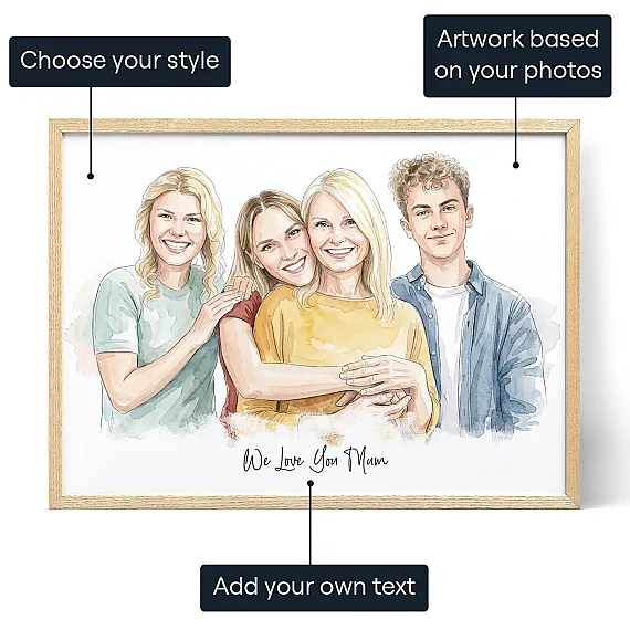 Custom family portrait for mum with feature callouts: choose your style, artwork based on your photos, and add your own text. - We Love You Mum Family Portrait