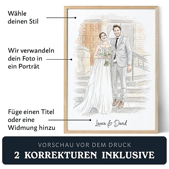 DE 01Individuelles Hochzeitsporträt im Holzrahmen mit deutschem Text, das zeigt, wie ein Foto in ein personalisiertes Kunstwerk mit Titel oder Widmung verwandelt wird. - Individuelles Hochzeitsportrat mit Foto als Vorlage