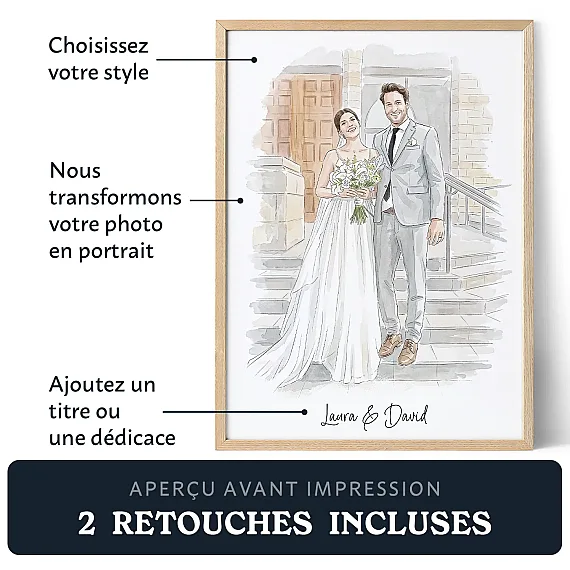 Portrait de mariage personnalisé dans un cadre en bois avec texte en français expliquant le choix du style, la transformation de la photo en portrait et l’ajout d’une dédicace. - Portrait de mariage personnalise a partir de votre photo
