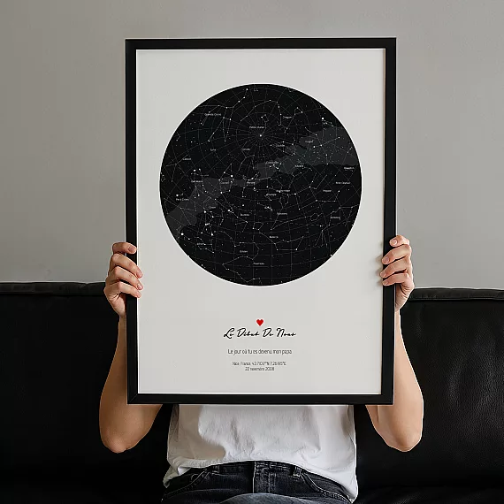 Personne tenant une affiche personnalisée avec la carte du ciel du jour où elle est devenue papa.