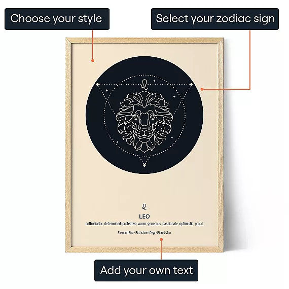 Custom Leo zodiac poster showing options to choose the style, select the zodiac sign and add your own text. - Leo Zodiac Art