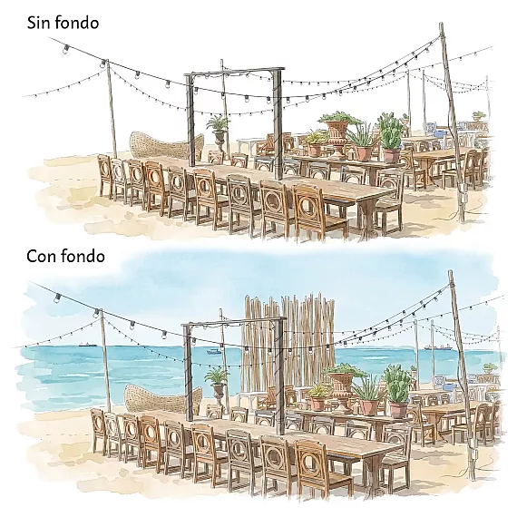 Retrato en acuarela de un lugar de celebración con y sin fondo, con mesas largas, sillas, plantas y guirnaldas de luces.