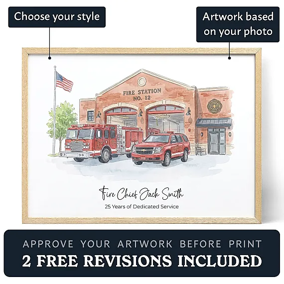 Personalized firefighter retirement print with a watercolor fire station portrait, custom name and service years, plus artwork customization and revision options.