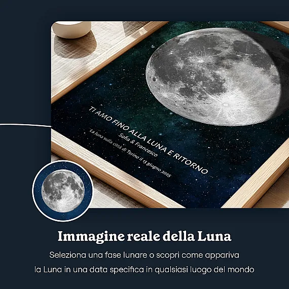 Poster personalizzato della fase lunare con un’immagine realistica della Luna per una data e un luogo scelti, con sfondo stellato e testo personalizzato.