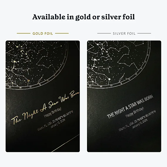 Close-up comparison of personalized star map posters available with gold foil or silver foil printing