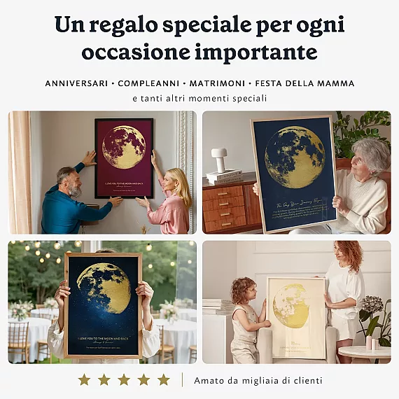 Collage di poster personalizzati con fasi lunari per occasioni speciali.
