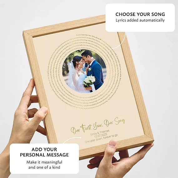 Personalized 1st anniversary poster with wedding photo, song lyrics and personal message in a wooden frame.