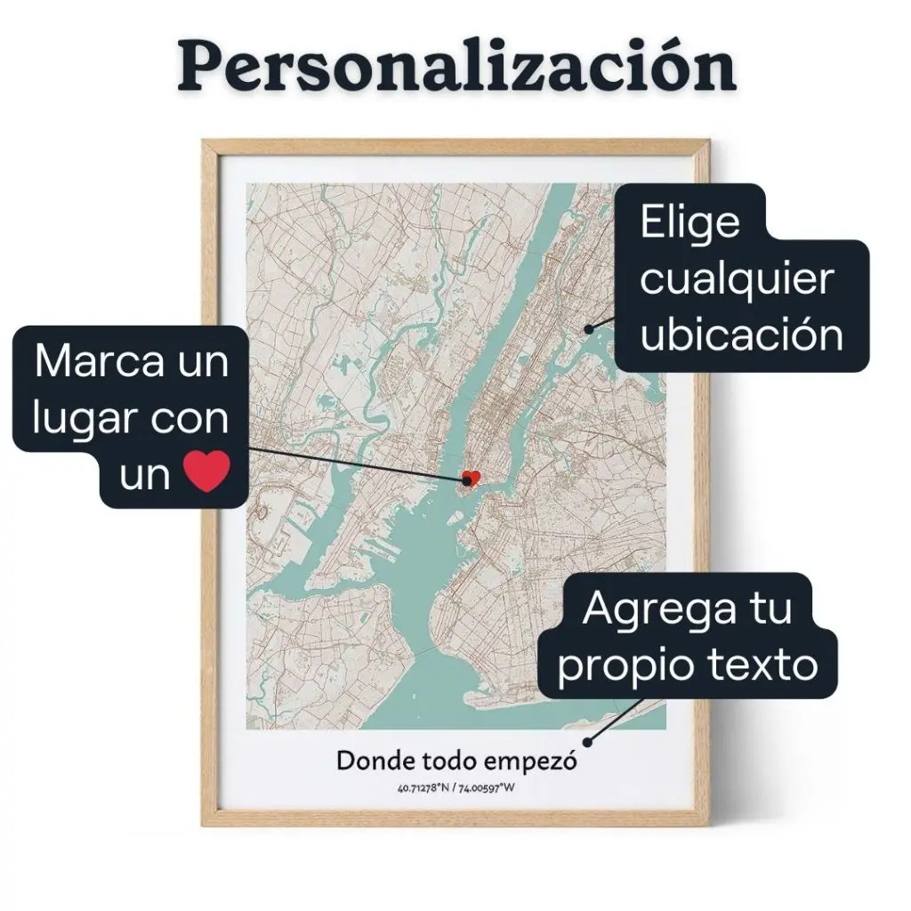 Póster Mapa Personalizable con Marco Tamaño póster 42x30 cm Color marco  Roble