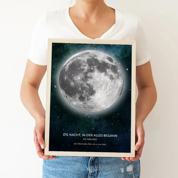 Person holding a framed personalized Moon Phase Print featuring the exact moon phase from a special date.