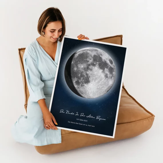 Woman holding a personalized Moon Phase Print showing the moon from a meaningful date.