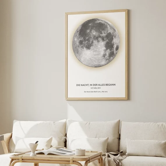 Personalized Moon Phase Print displayed above a sofa in a bright living room.