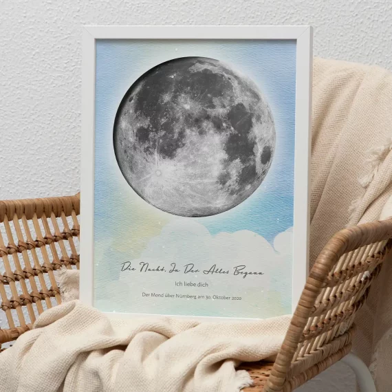 Framed personalized Moon Phase Print with a watercolor sky background displayed on a wicker chair.