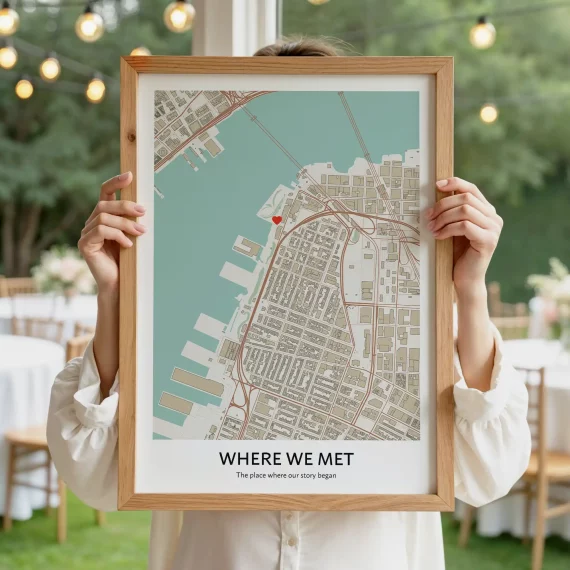 Plakat z mapą miejsca pierwszego spotkania pary i czerwonym sercem na mapie.