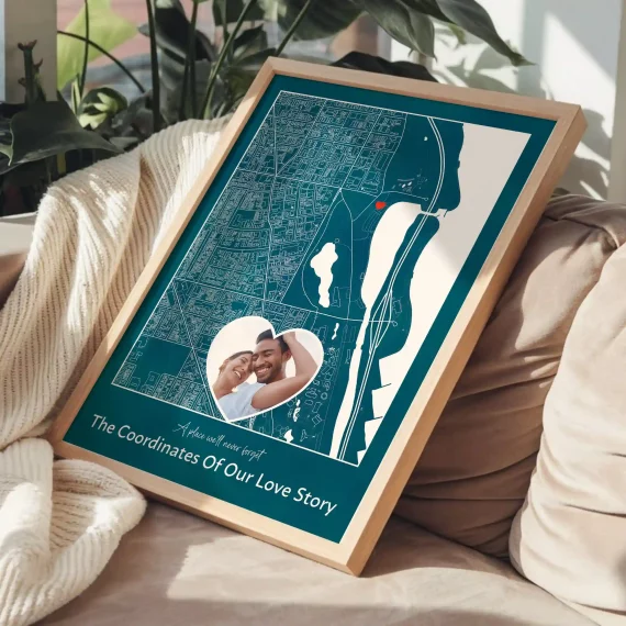 Personalizowana mapa naszego pierwszego spotkania ze zdjęciem pary i oznaczoną lokalizacją.