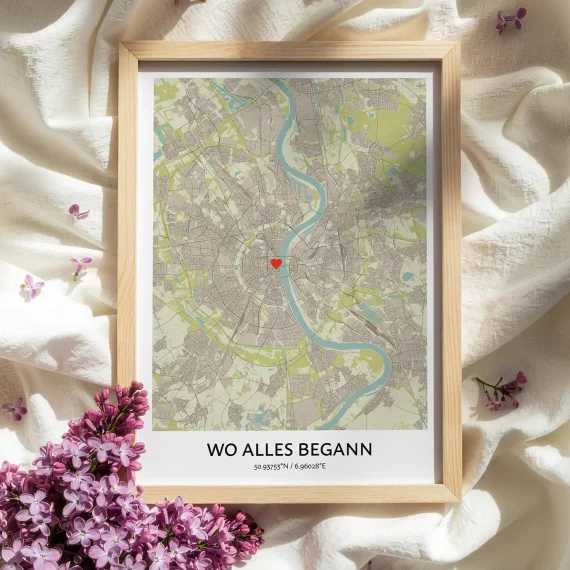 Framed Where It All Began personalized map surrounded by lilac flowers.