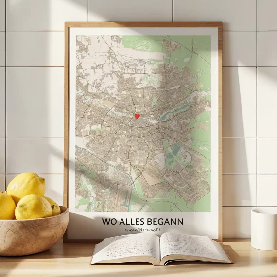 Framed Where It All Began personalized map displayed on a kitchen countertop with a red heart marking a special location.