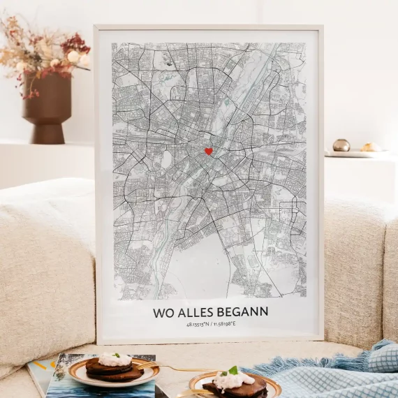 Framed Where It All Began personalized map displayed in a cozy living room.