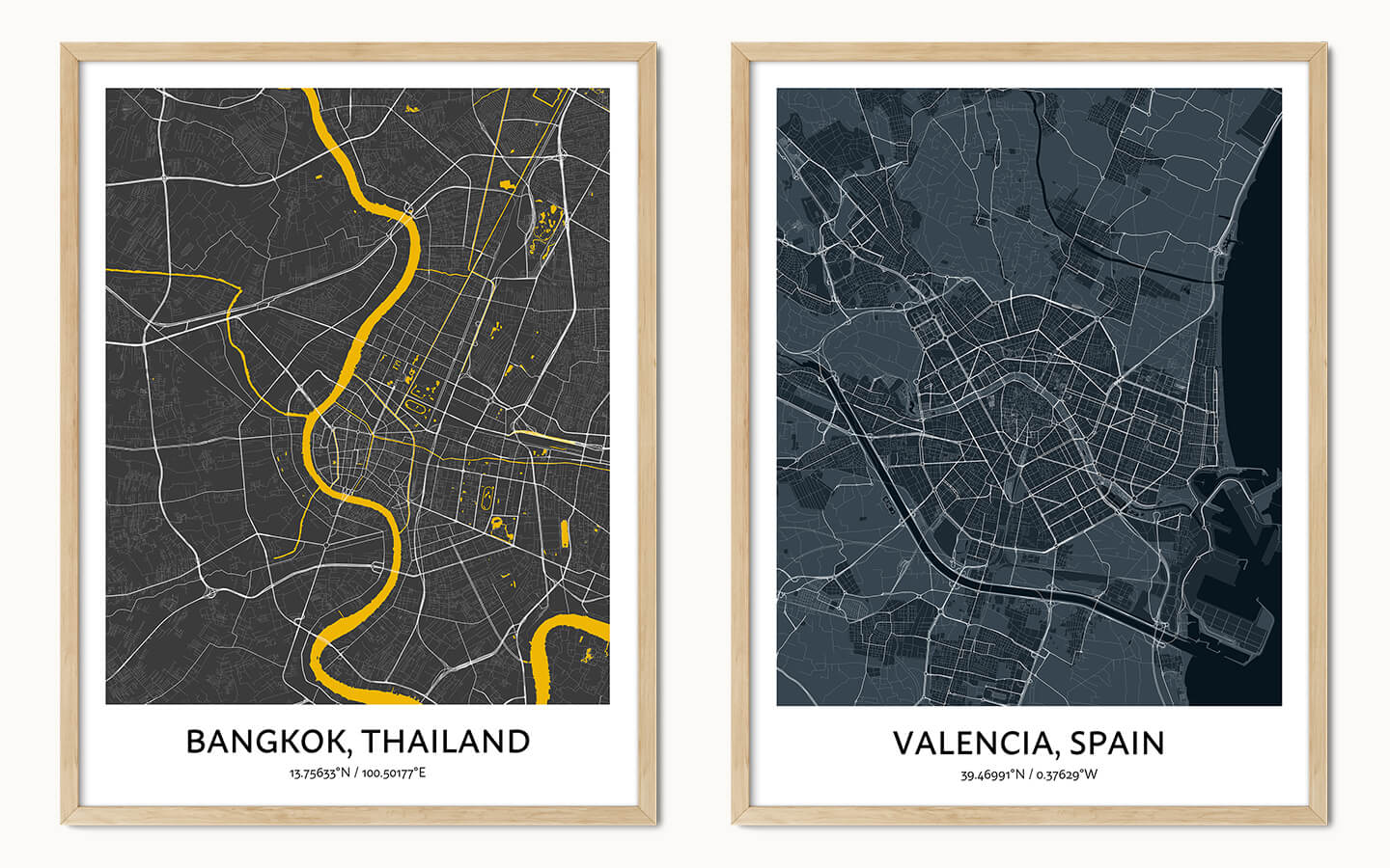 Bangkok and Valencia custom map gifts framed and hanged on the wall