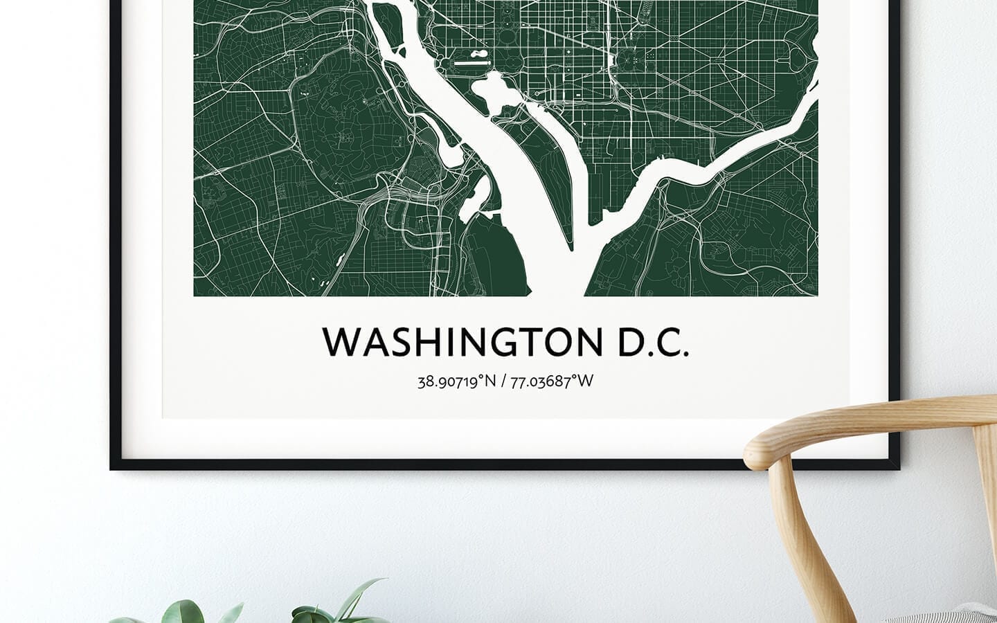 Washington map poster in a black frame as a wall decoration in bright apartment