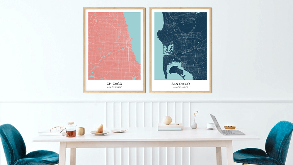 Custom city map prints of Chicago and San Diego