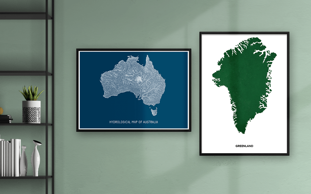 Mapa na ścianę przedstawiająca Australię wisząca obok mapy Grenlandii