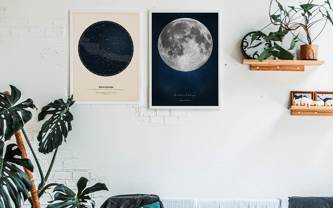 La carte des étoiles et l'affiche de la phase de lune sont des cadeaux d'anniversaire de mariage personnalisés parfaits