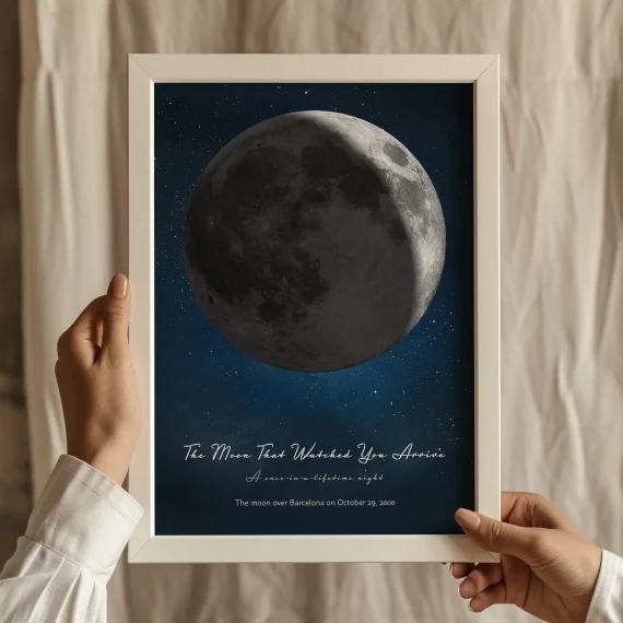 Hands holding a personalized birthday moon poster with a dark moon phase design.