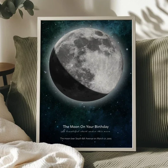 Modern birthday moon poster displayed between green cushions on a bed.
