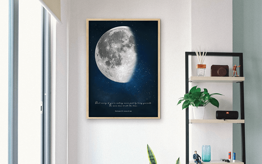 Waning Moon Poster hanging next to window in bright apartment.