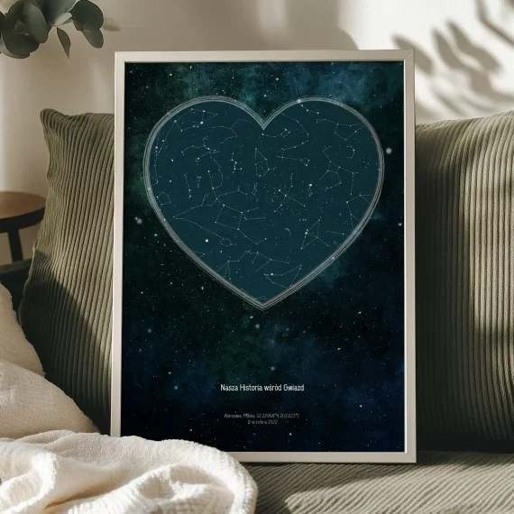Oprawiony plakat z mapą gwiazd w kształcie serca ustawiony na kanapie w przytulnym wnętrzu