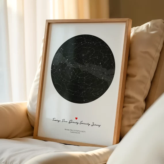 Minimalistyczny plakat z czarną mapą nieba oparty o jasną kanapę