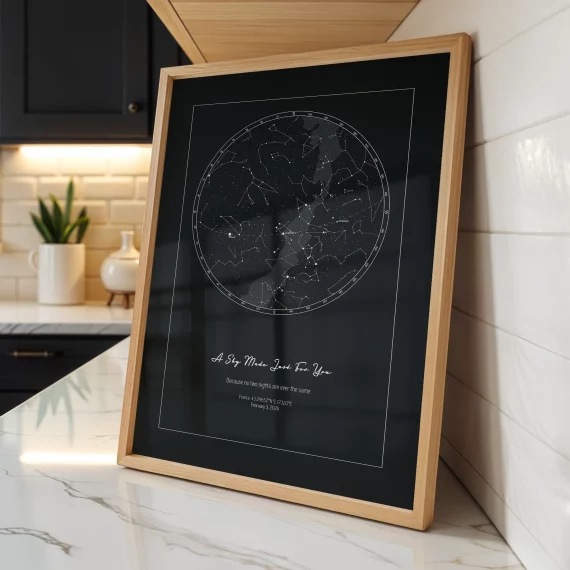 Framed Birthday Star Map poster with dark constellation design displayed in modern kitchen.