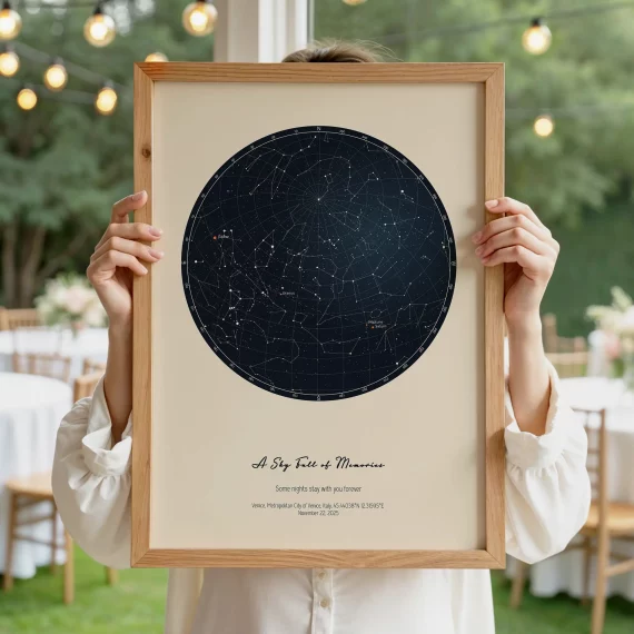 Person holding a custom night sky poster with constellation map outdoors.