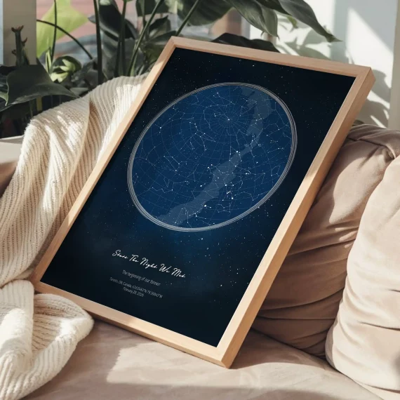 Framed Stars The Night We Met sky map print resting on a sofa beside a knitted blanket in natural sunlight.