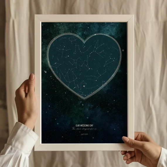 Custom wedding star map print with heart constellation design held in hands.