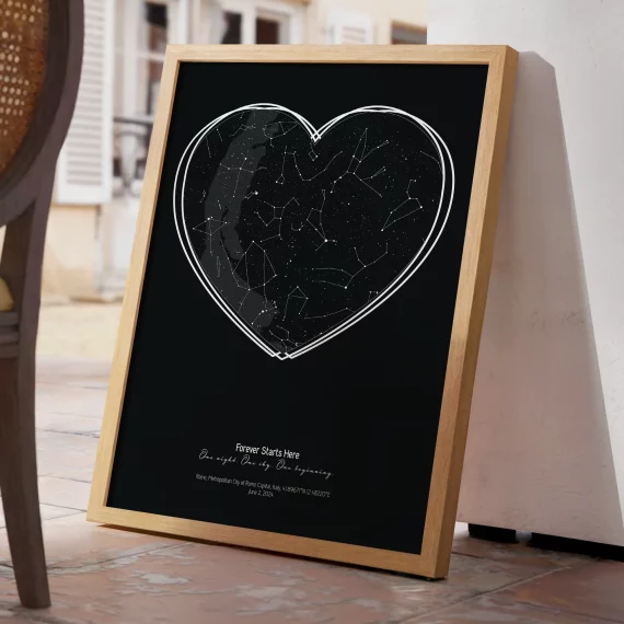 Black heart-shaped constellation poster leaning against a wall indoors.
