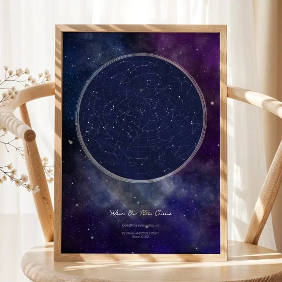 Galaxy-style Stars The Night We Met poster displayed on a wooden chair in soft natural light.