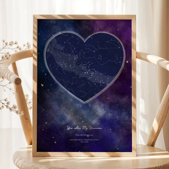Heart-shaped constellation print displayed on a wooden chair in sunlight.