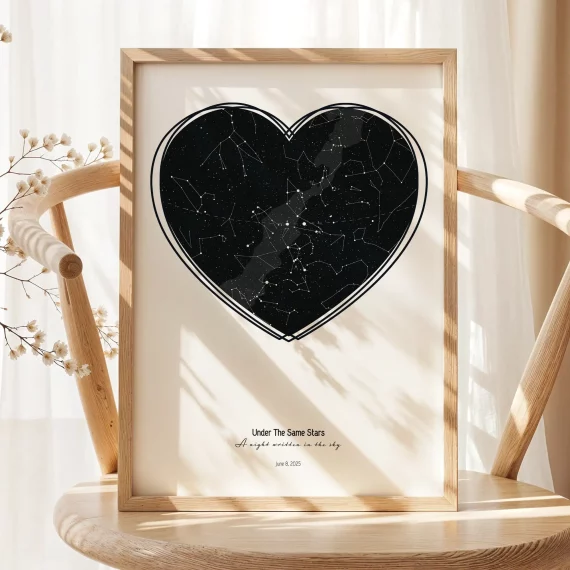 Heart-shaped personalized star map poster for wedding day displayed in wooden frame.