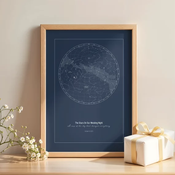 Personalized wedding star map print in wooden frame with constellation artwork.