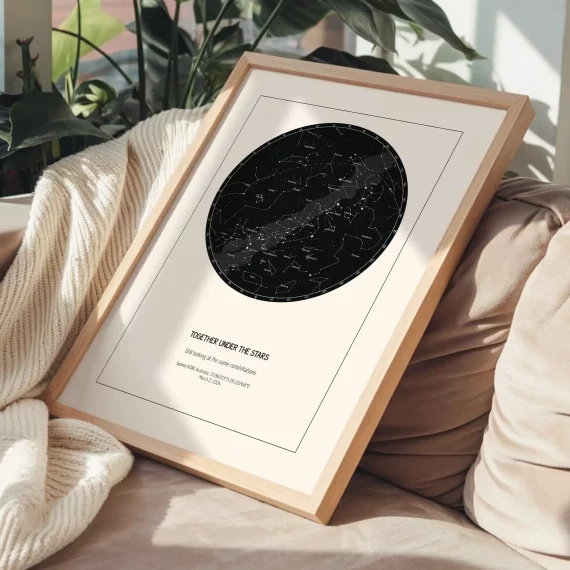 Minimalist star map print resting on a sofa with a knitted blanket.