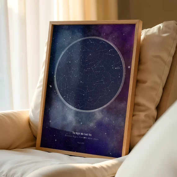 Framed Stars On Wedding Day poster with galaxy background and personalized star map.